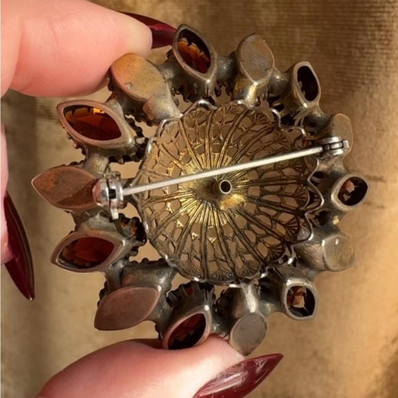 Vintage Gemstone Brooch, Navette Cut, Flower, Topaz, Amber, Brasstone, 2in - Picture 3 of 5